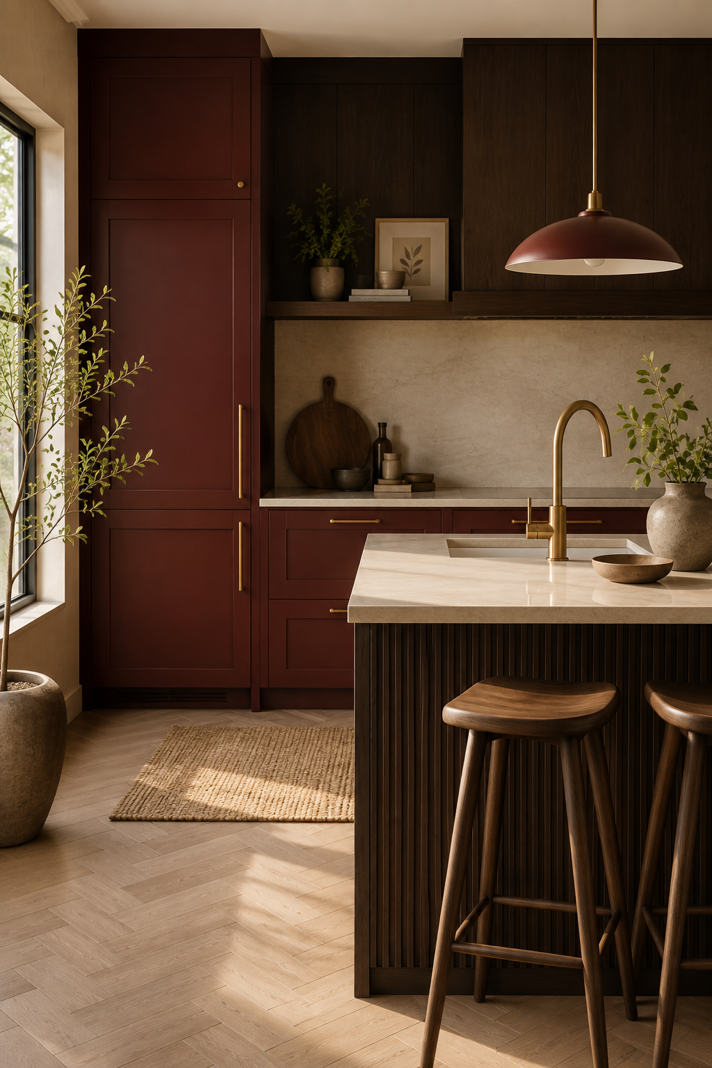 Modern kitchen with red cabinets, a marble countertop island, gold hardware, plants, and wooden stools.