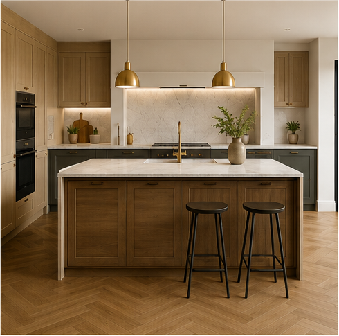 Modern kitchen with wooden cabinetry, a marble island with a gold faucet, two black bar stools, and gold pendant lighting.