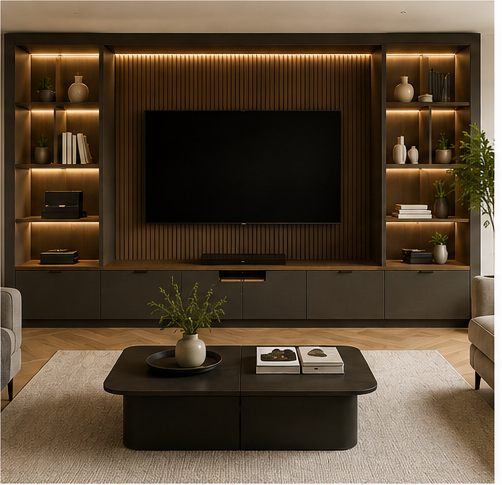 Modern living room with a large flat-screen TV mounted on a wood-paneled wall, flanked by built-in shelves with decorative vases and books, and a black coffee table with a potted plant and magazines, all on a beige rug.