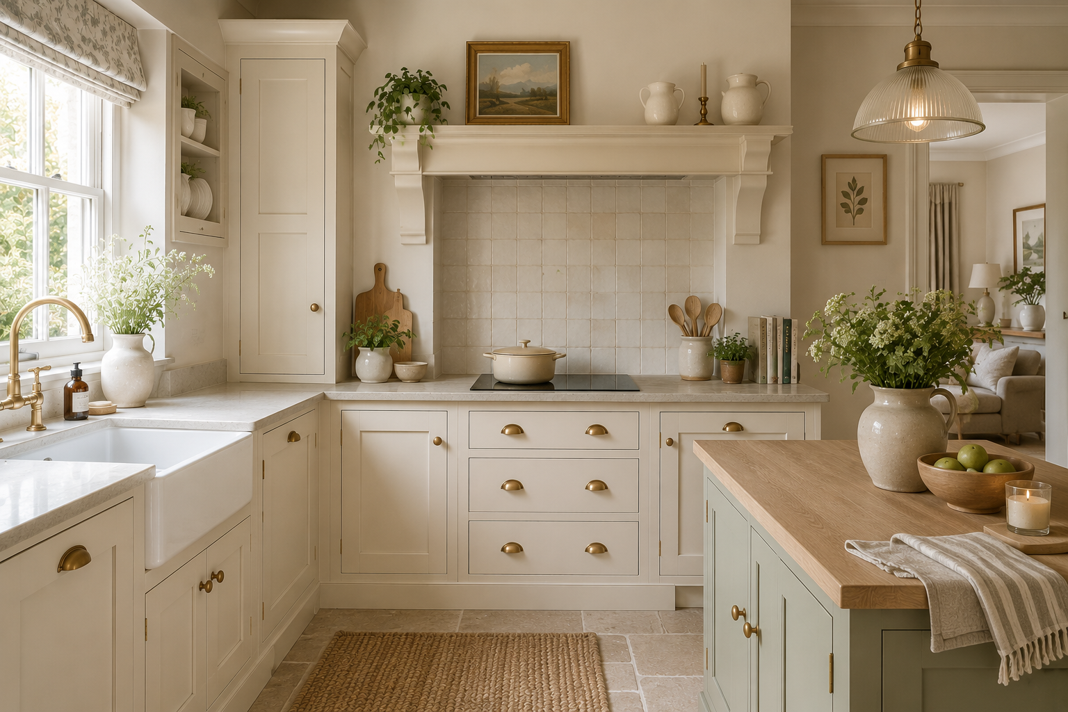 A cozy and well-decorated kitchen with white cabinetry, a large window with light curtains, and a kitchen island with a wooden countertop. The backsplash is tiled in a neutral color, and the space features decorative plants, white ceramic pots, and k