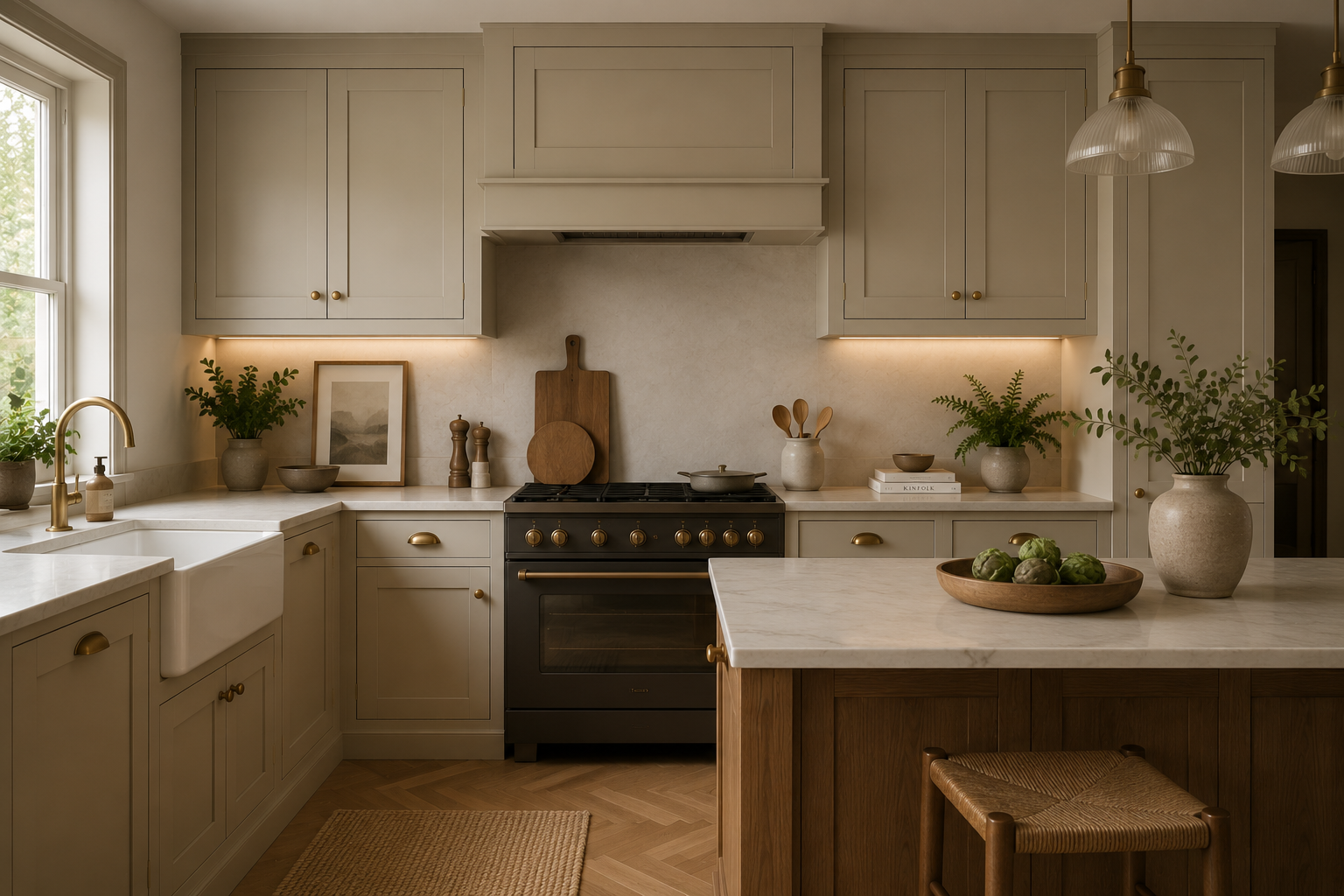 A cozy, modern kitchen with beige cabinetry, a black stove with brass knobs, a white marble countertop, and decorative plants in neutral pots. There is a large window on the left, a wooden kitchen island in the foreground with a bowl of artichokes, a