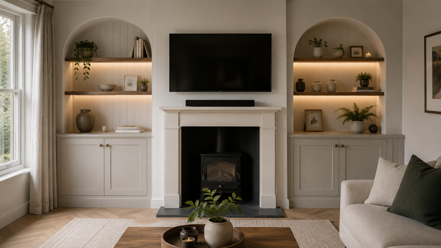 Living room with a fireplace, wall-mounted TV, built-in shelves with decorative items, and a beige sofa with pillows.