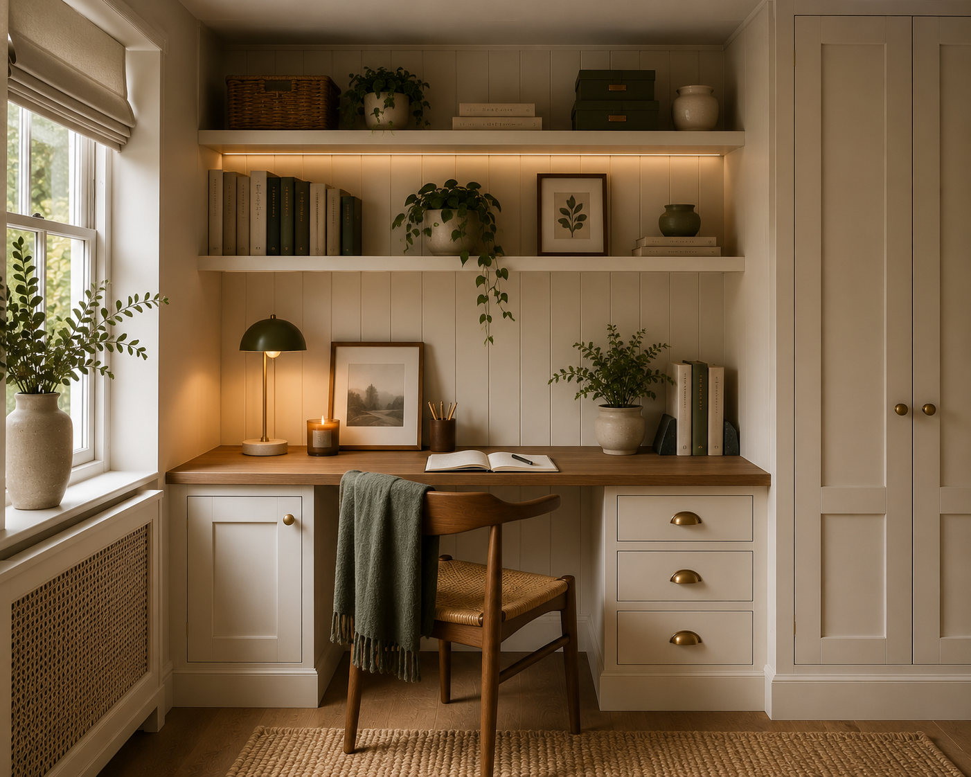 A cozy home office with a wooden desk, a desk lamp, framed artwork, potted plants, books, and decorative items. There are shelves above the desk with various books and decor. A chair with a green throw blanket is in front of the desk, next to a windo