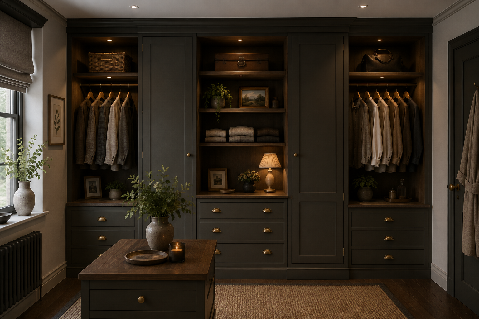 A cozy walk-in closet with dark gray cabinetry, open shelves, and drawers. Inside, there are hanging clothes, decorative lamps, framed pictures, potted plants, and folded towels. A wooden table with a vase and candles is in the center, and a window w