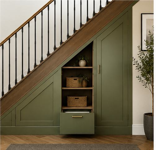 Green built-in under staircase with shelves, drawers, and storage cabinets, next to a potted plant.