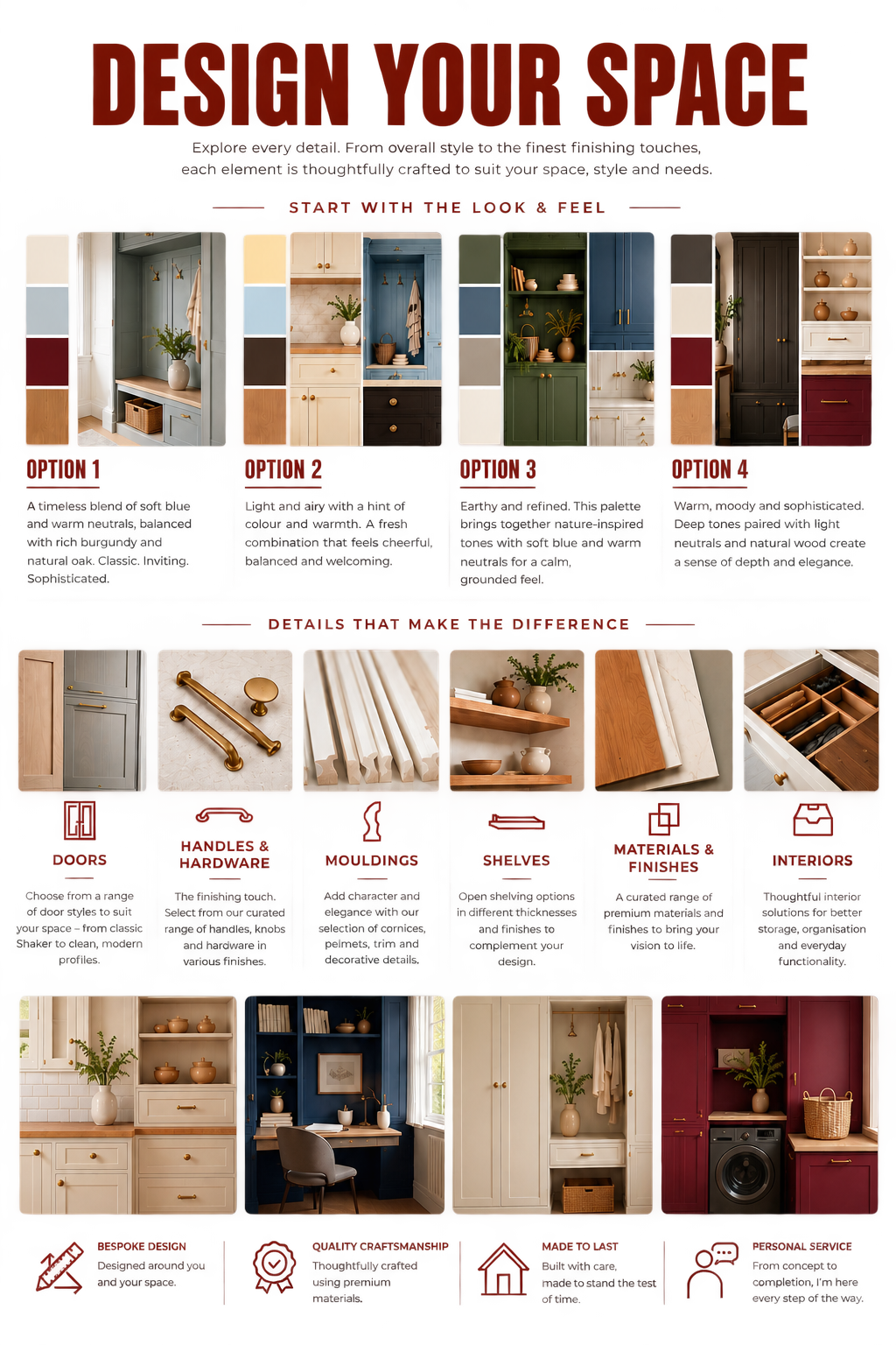 Display of various custom kitchen cabinets in different colors and styles, with descriptive text and close-up images of handles, mouldings, shelves, materials, and interiors for kitchen design options.