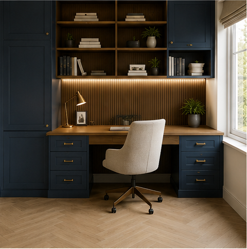 Home office with a built-in blue desk and matching blue cabinets, wooden shelves filled with books and plants, a beige office chair, a desk lamp, and a window with natural light.