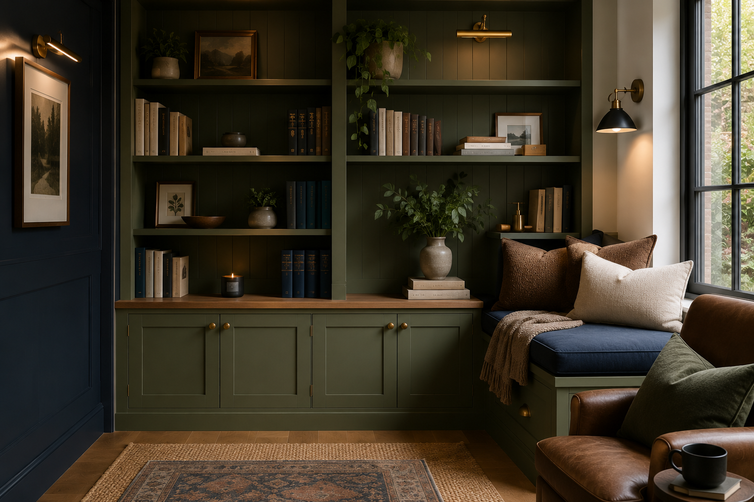 Cozy living room with dark green built-in bookshelf filled with books and decorative items, a large window with a seating nook, cushions, and soft lighting.