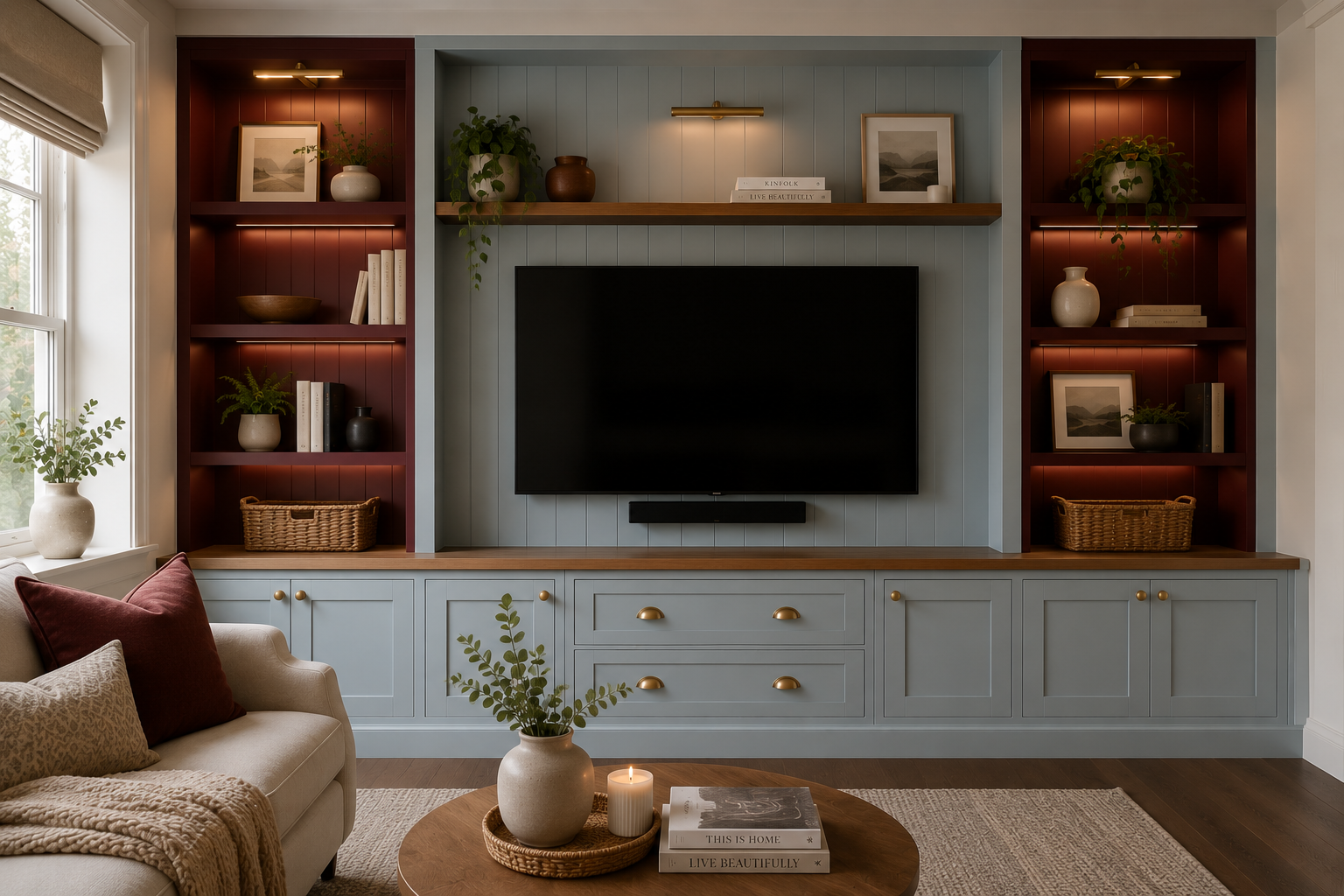 Living room with built-in cabinetry and shelves, a large flat-screen TV, decorative items, books, and plants, with a sofa, pillows, and a coffee table with a vase, candle, and books.