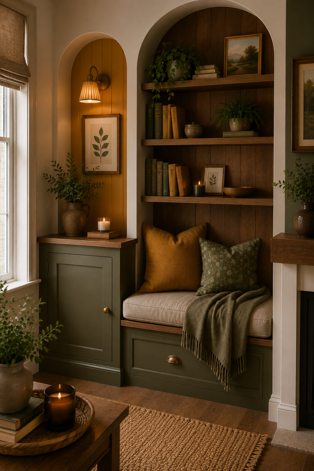 Cozy built-in corner seating area with cushions, surrounded by wooden bookshelves holding books, plants, and framed artwork, lit by warm wall-mounted and candle lighting.