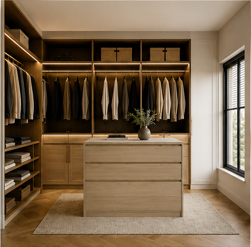 Walk-in closet with organized wooden shelves and hanging clothes, a central wooden island with a vase of flowers, and natural light coming through a window.