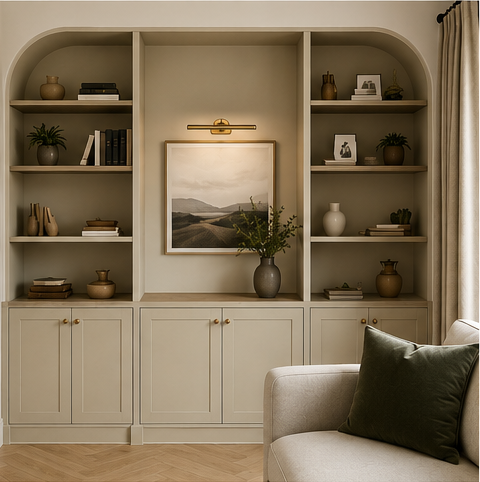 Built-in cream-colored shelves with decorative vases, books, and framed photos, a central painting of a landscape, and a white cabinet below. Part of a beige armchair with a dark pillow is visible.
