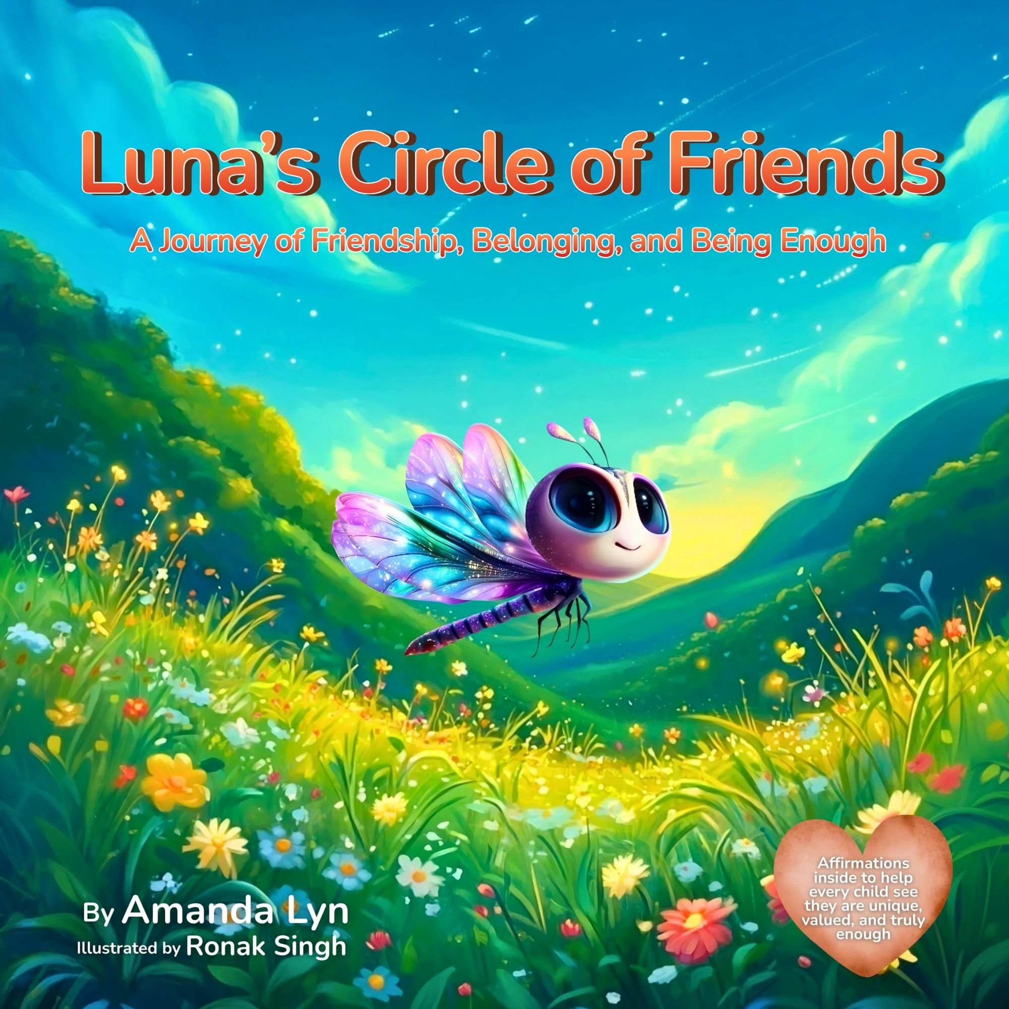 Luna’s Circle of Friends book cover featuring Luna, a colorful dragonfly flying over a bright mountain meadow. A journey of friendship, belonging, and being enough.