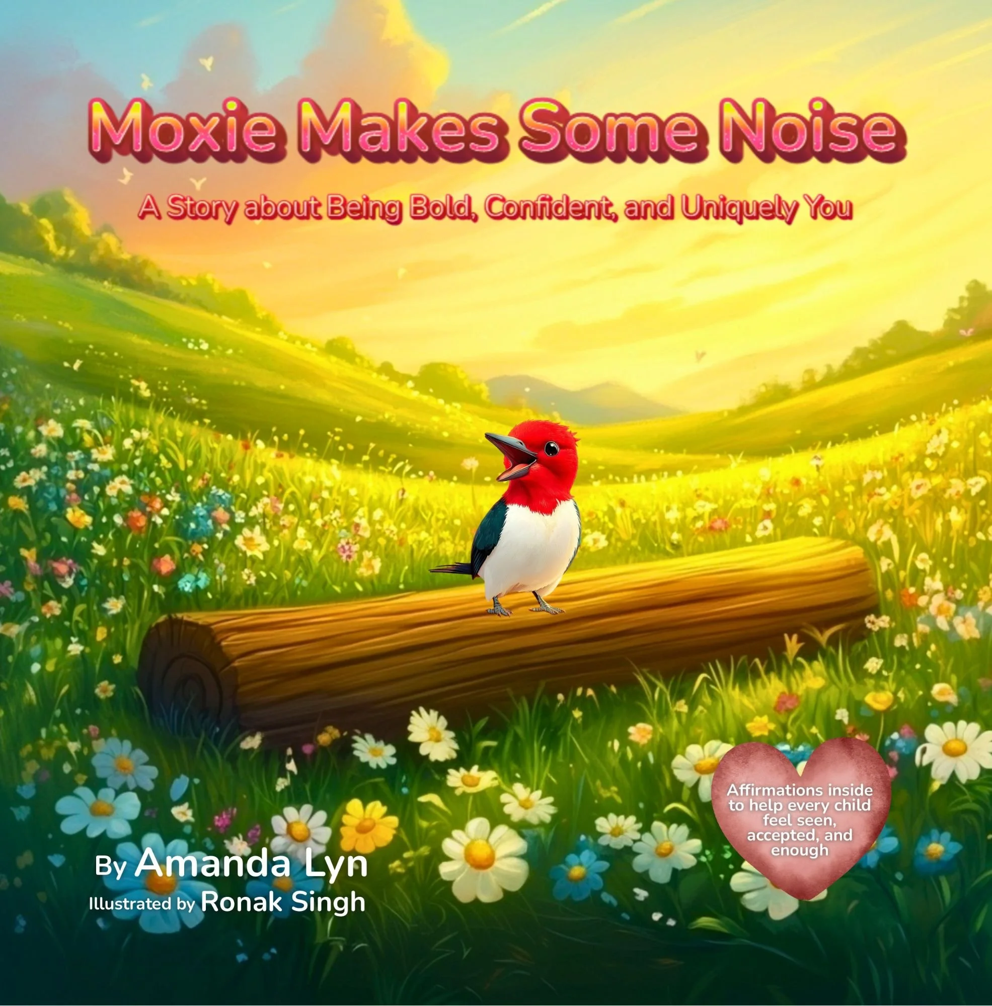 Moxie Makes Some Noise book cover featuring Moxie, a red-headed woodpecker singing on a log in a sunny wildflower meadow. A story about being bold, confident, and uniquely you.