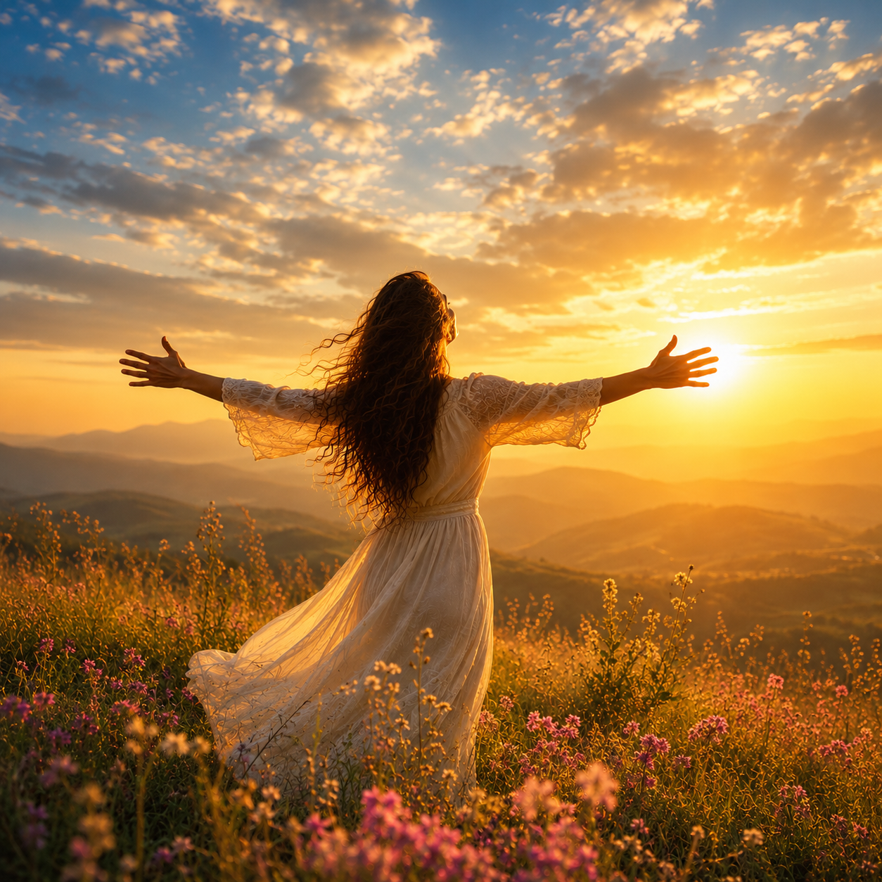 Woman in a flowing white dress standing in a sunlit field with her arms stretched wide, facing distant mountains beneath an open sky, symbolizing release, renewed freedom, and stepping into what comes next.
