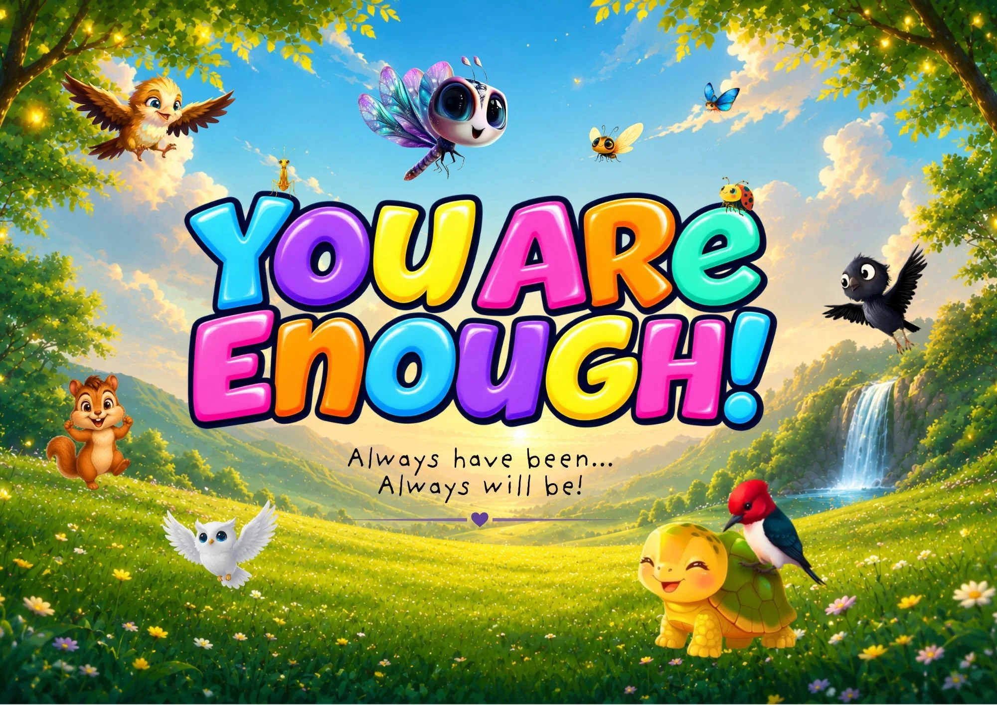Colorful Luna’s Landing illustration of Luna the dragonfly and her woodland friends with trees, clouds, and a waterfall featuring the text 'You Are Enough!' and the phrase 'Always have been... Always will be!'