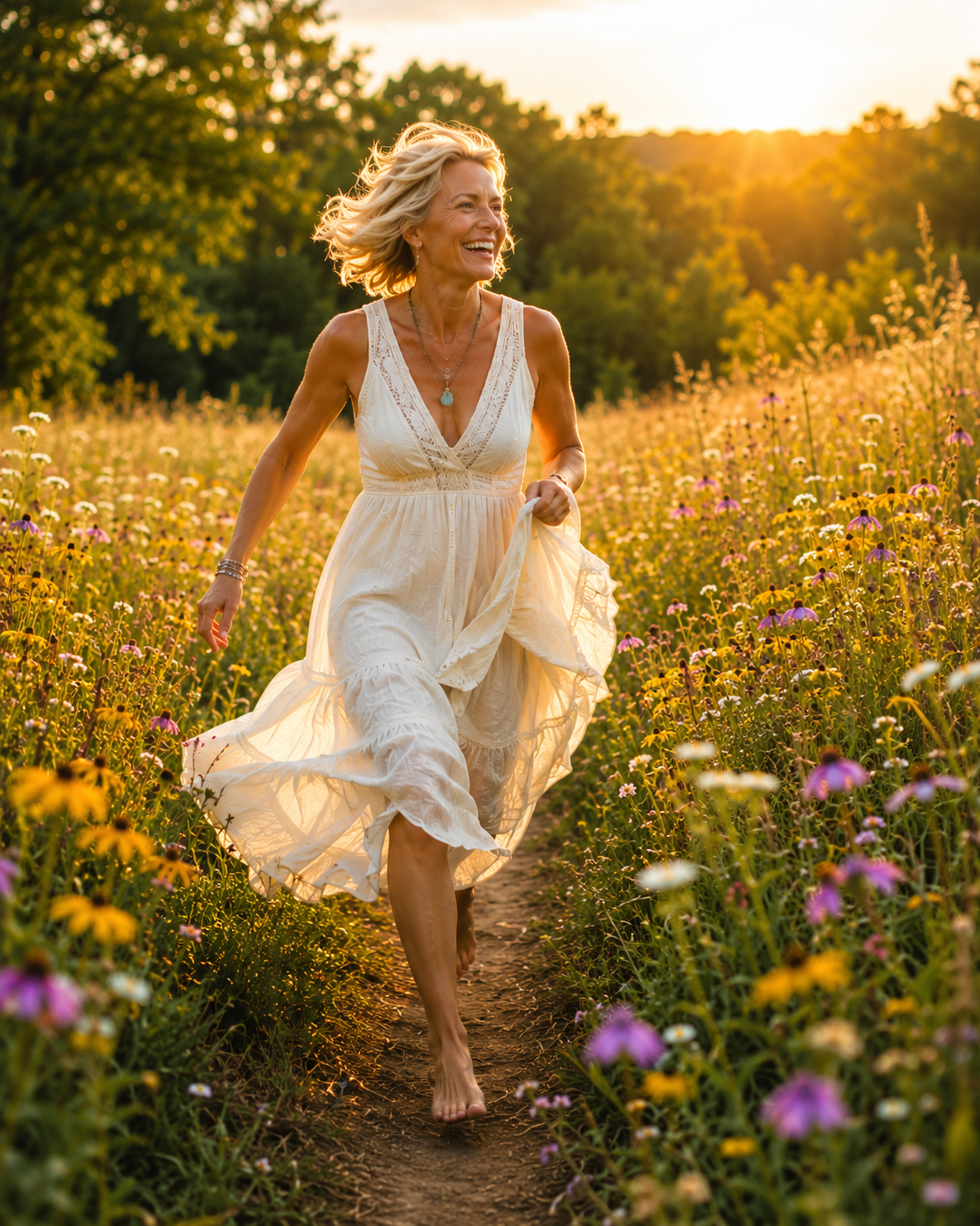 Happy, carefree woman running through an open field at sunset, her dress flowing beneath the glowing sky, expressing joy, freedom, and the lightness of releasing what no longer needs to be carried.