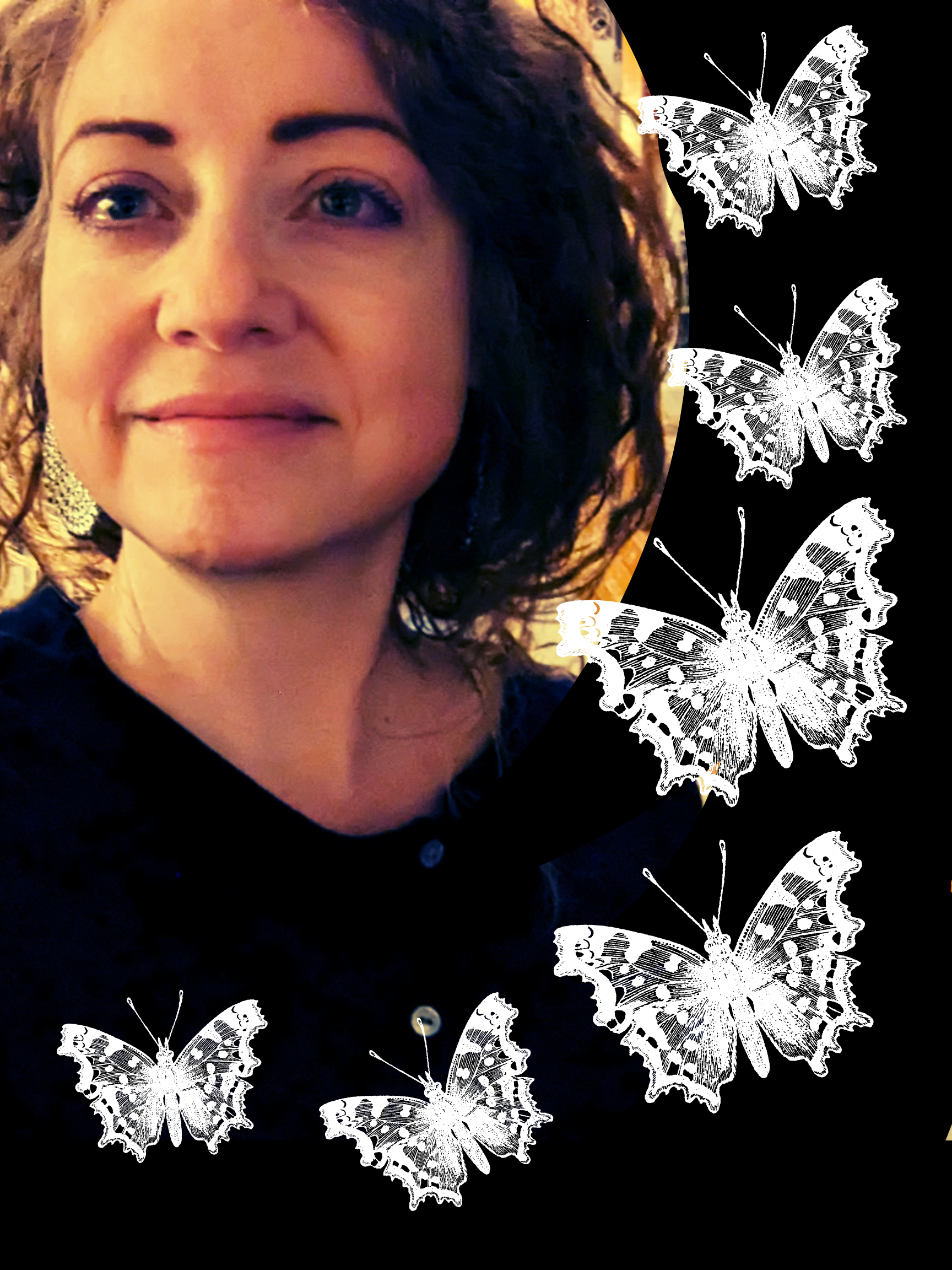 A woman with curly dark hair, fair skin, and blue eyes, wearing earrings and a dark top, looking slightly to the side, with a background decorated with white butterflies on a black background.