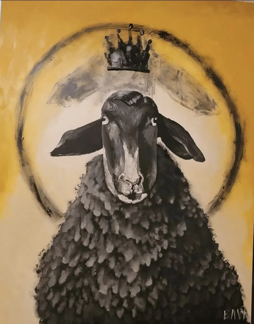 Black Sheep by Britny Wray: a black sheep with a halo and crown against a luminous golden field.