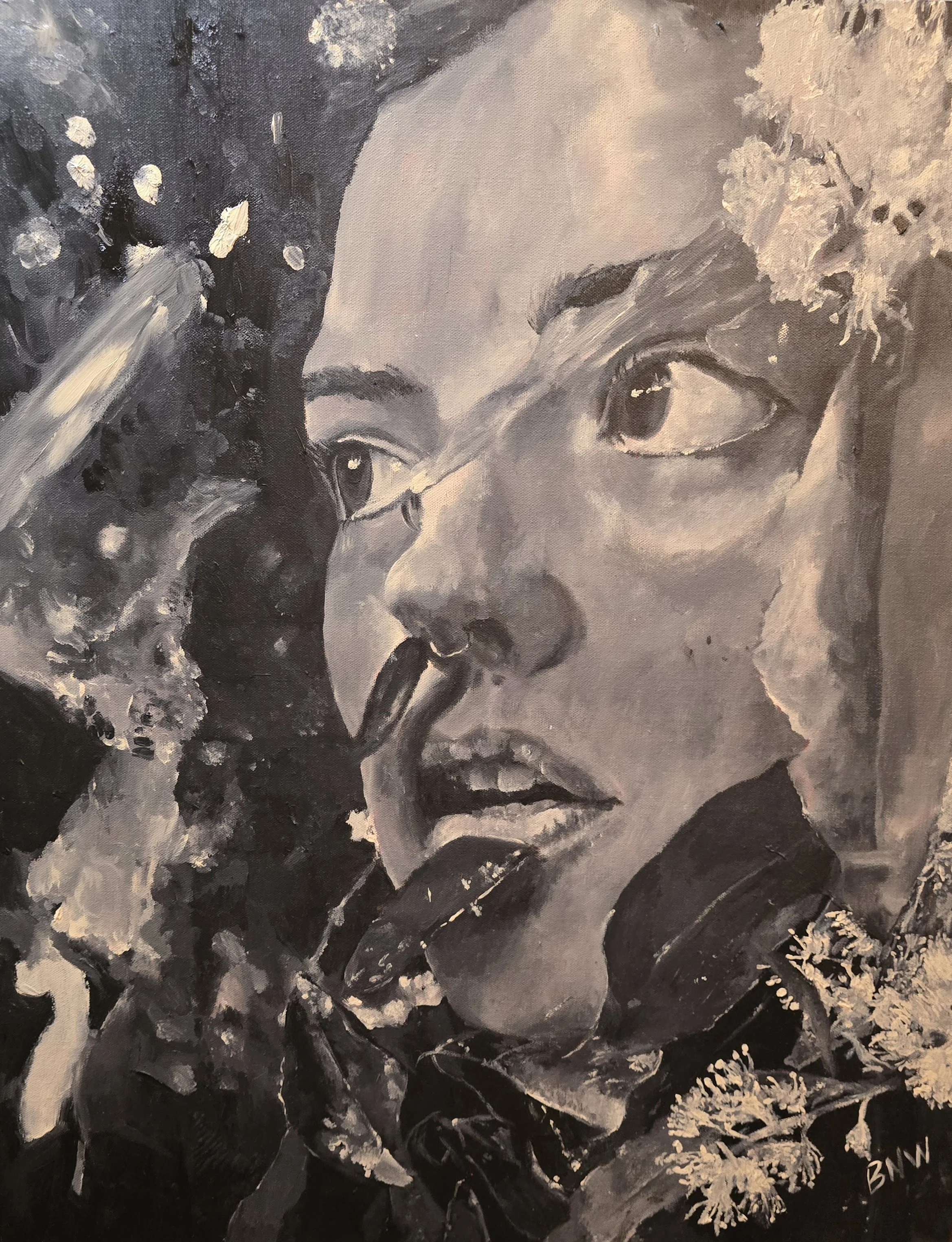 On My Laurels by Britny Wray: a monochromatic figurative portrait surrounded by dense, organic marks.