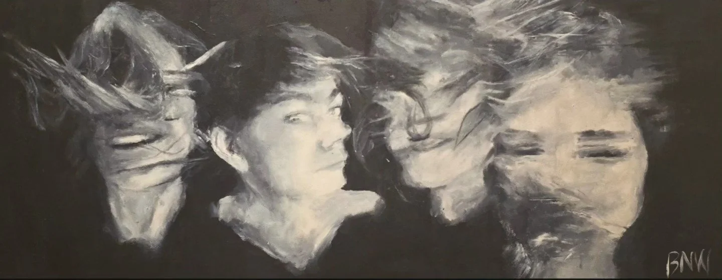 The Spin by Britny Wray: a horizontal sequence of overlapping faces shifting from recognizable features into distortion.