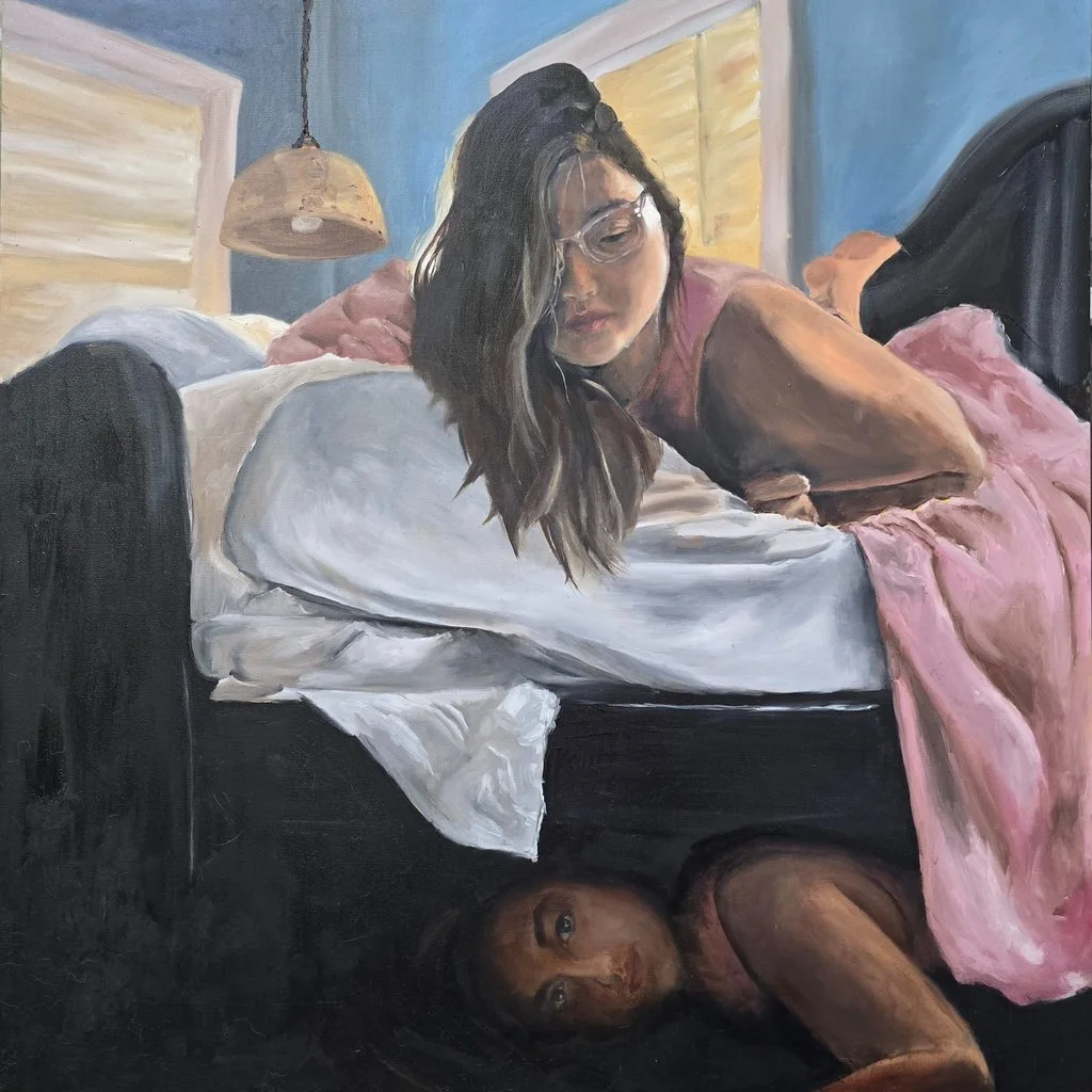 What’s Kept Beneath the Bed by Britny Wray: a figure rests on a bed while a second figure lies beneath it in deep shadow.