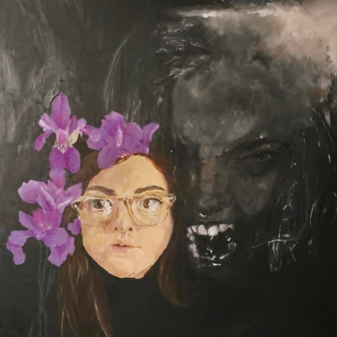 Living in My Shadow by Britny Wray: a brightly rendered central figure paired with a distorted presence emerging from shadow.