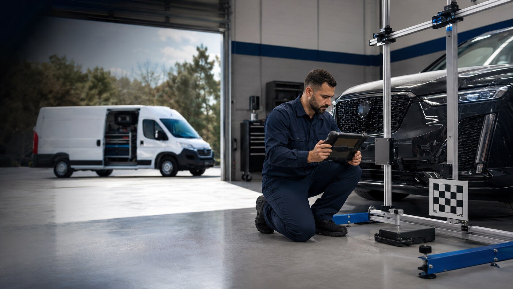 Mobile ADAS technician performing on-site camera calibration with service van