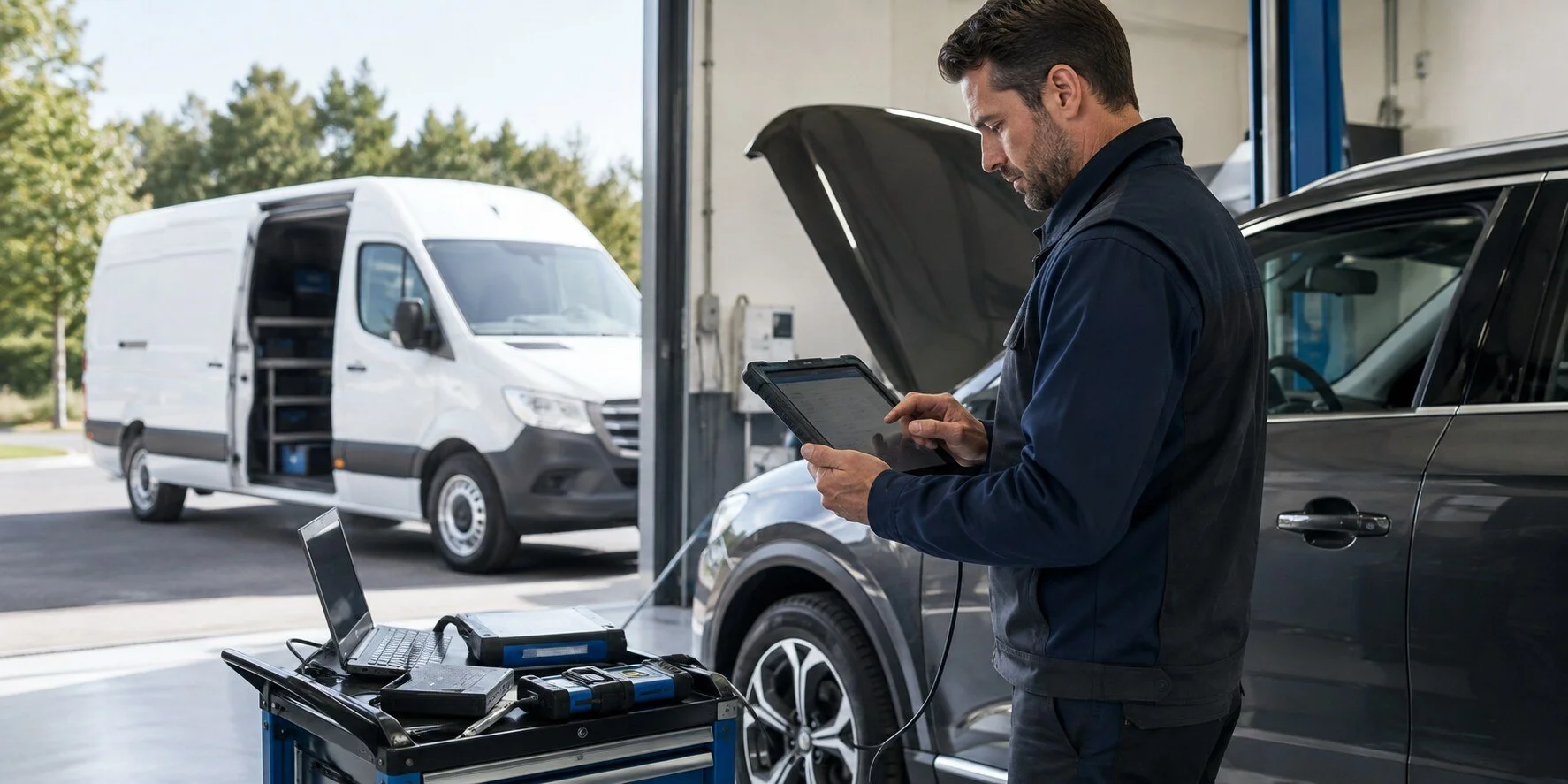 Mobile automotive diagnostics technician performing on-site scanning and module programming