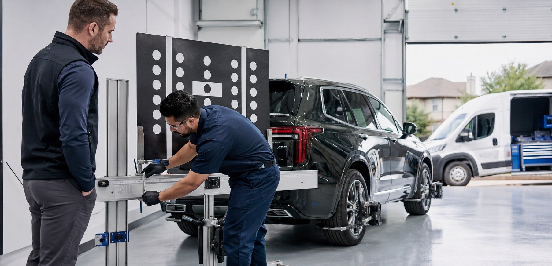 Mobile ADAS radar calibration performed at a collision repair partner facility