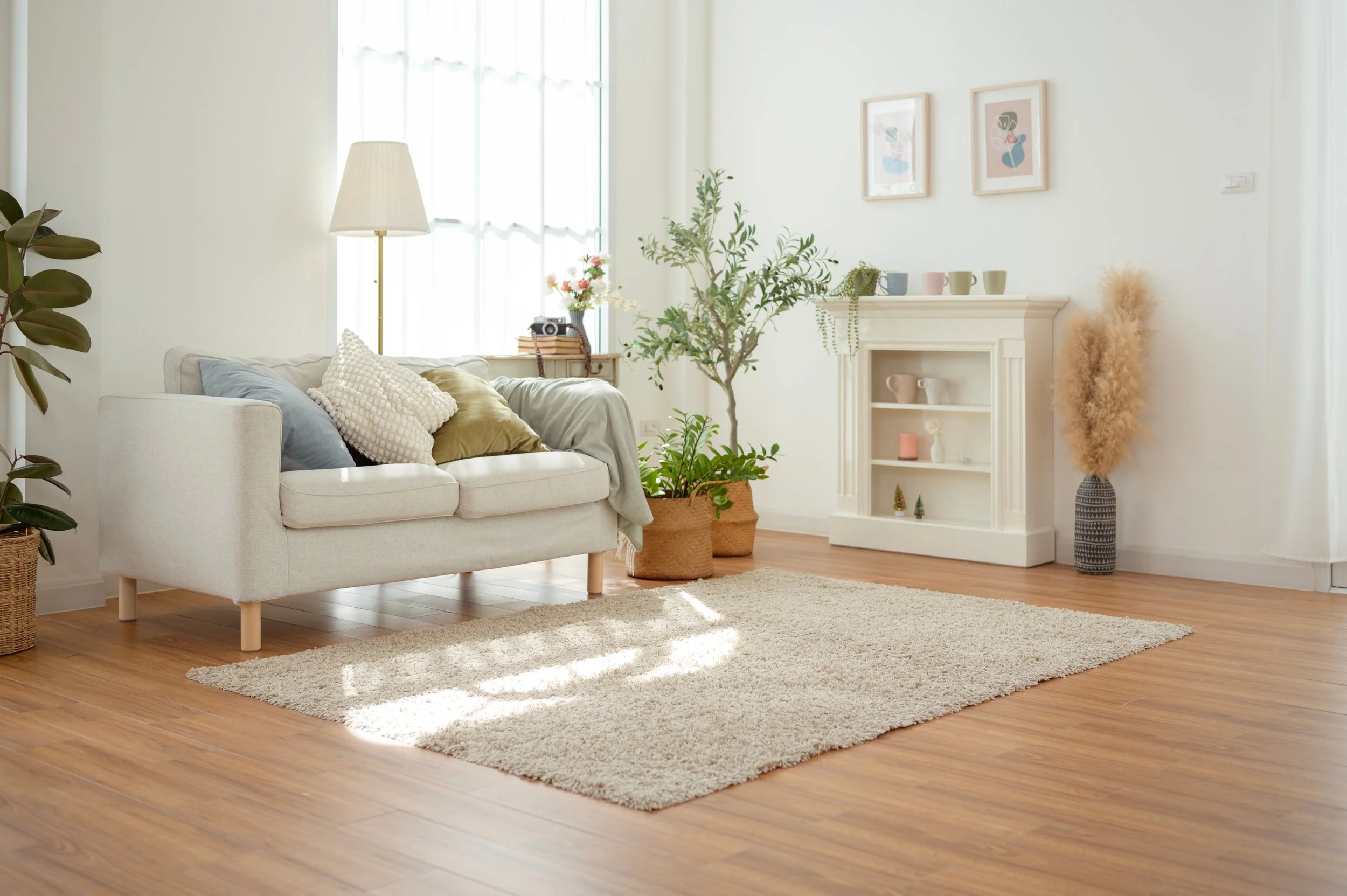 Cozy Living Room Featuring a Light Couch and Indoor Plants in a Sunlit Space With Wooden Floors By tonefotografia