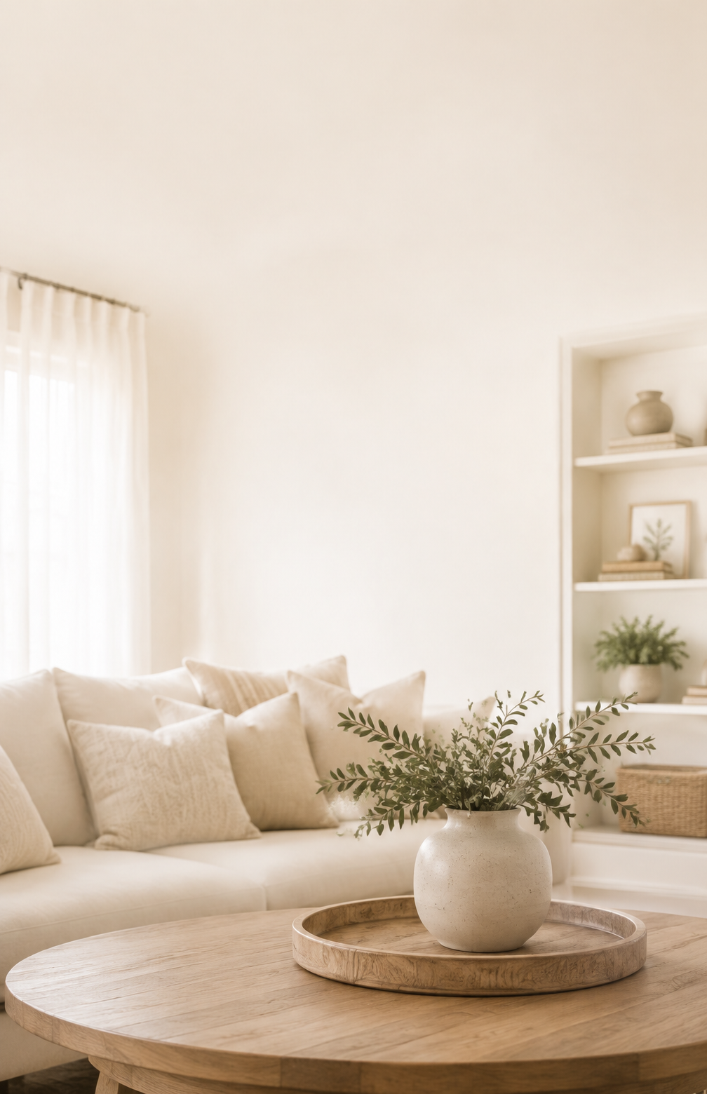Living room with cream-colored sofa, multiple neutral throw pillows, a wooden round coffee table with a beige ceramic vase filled with green branches, and a white built-in bookshelf with decorative items and plants. Light filters through sheer curtains.