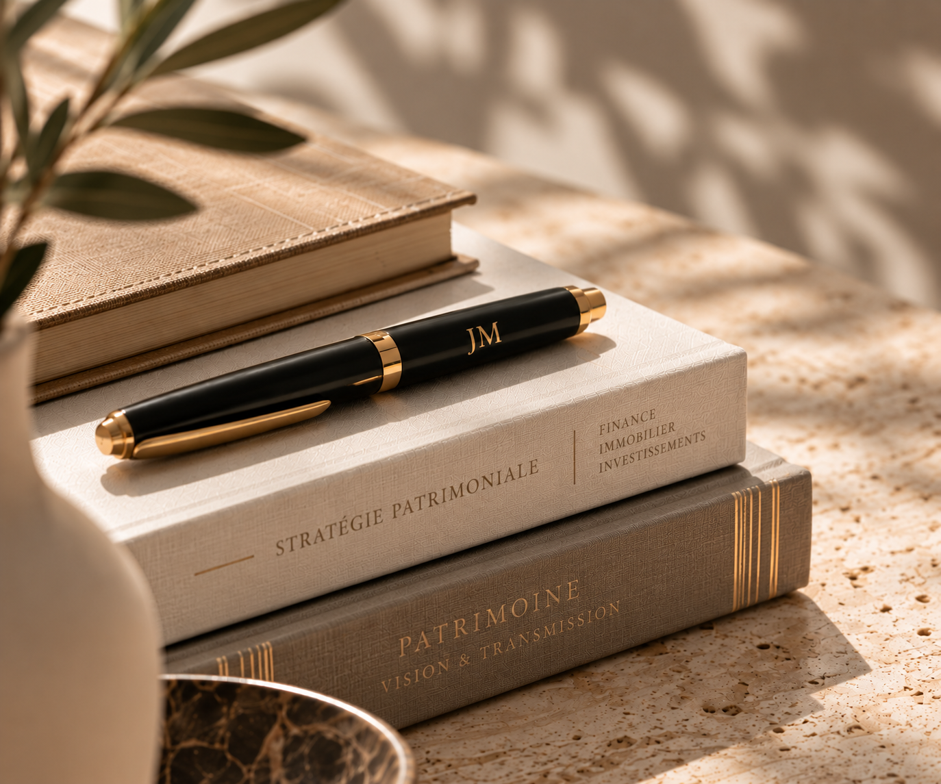 Une pile de trois livres avec un stylo à bille noir et or posé dessus. Le premier livre est blanc, portant l'inscription 'STRATEGIE PATRIMONIALE' ; le deuxième est beige avec l'inscription 'PATRIMOINE VISION & TRANSMISSION'; le troisième est gris, portant l'inscription 'PATRIMOINE'.