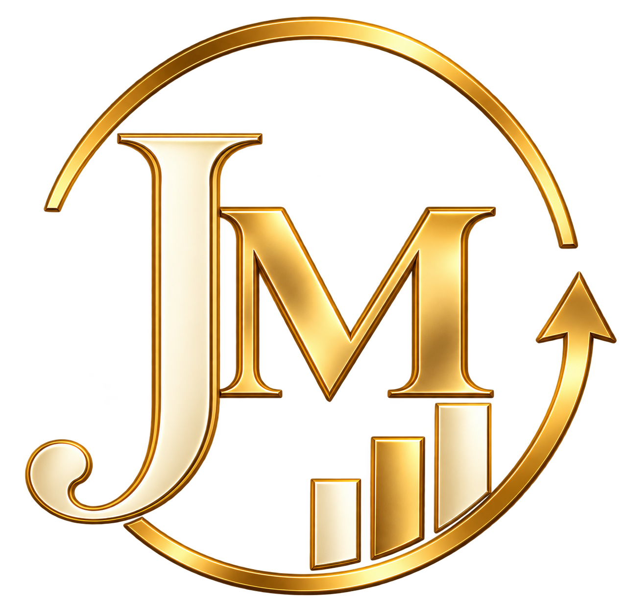 Logo avec lettres en or 'JM' et flèche allant en haut à droite, de style numérique et financier.