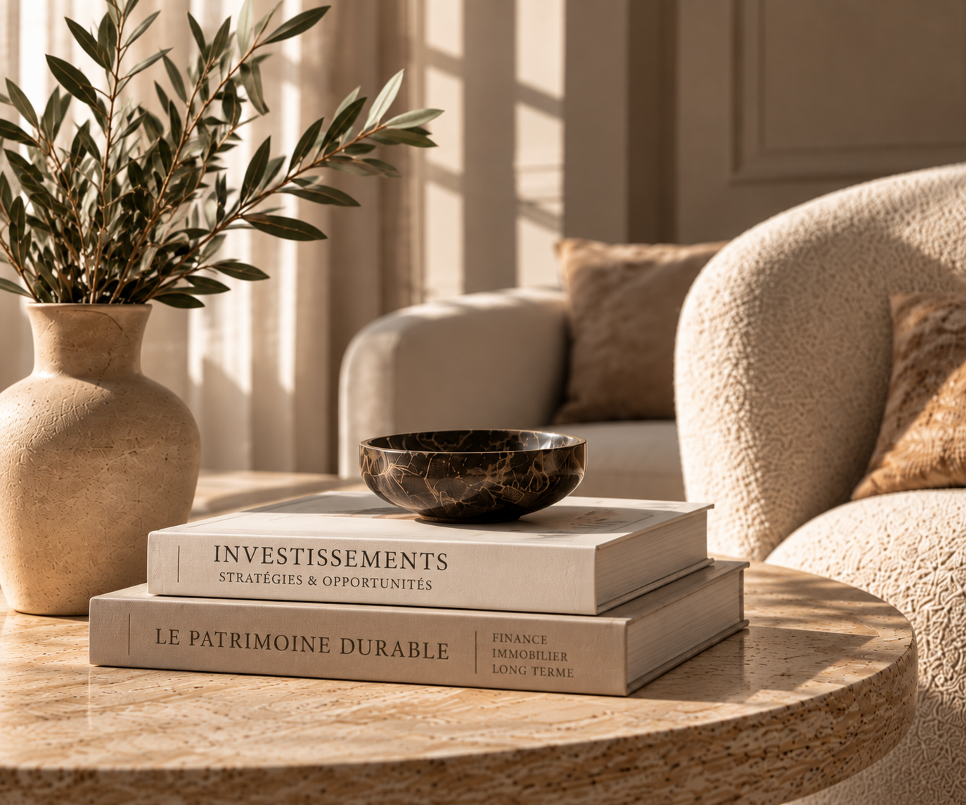 Une table ronde en pierre avec un vase contenant des branches vertes, deux livres sur l'investissement et le patrimoine, et un bol noir avec un motif doré, dans un salon cosy avec un canapé beige et des coussins