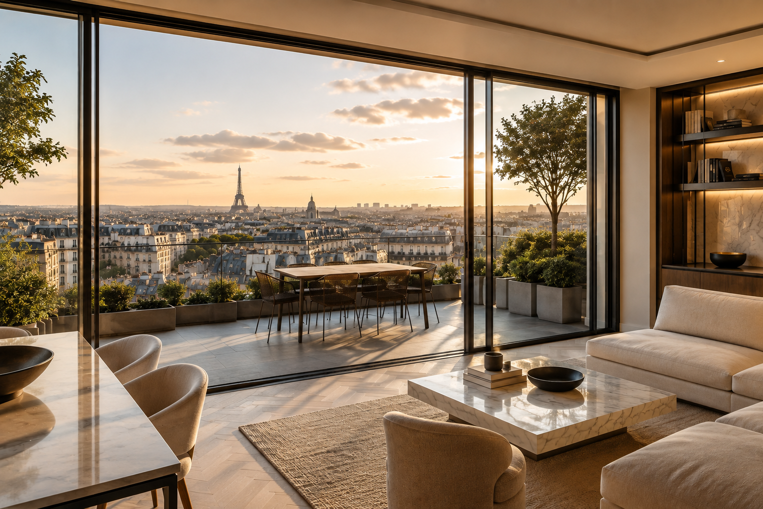 Vue intérieure d'un salon moderne avec un grand mur en verre donnant sur un balcon offrant une vue sur Paris, avec la Tour Eiffel en arrière-plan au coucher du soleil. Le salon est décoré avec un canapé beige, une table basse en marbre, des chaises autour d'une table à manger, et des étagères avec des livres et des objets décoratifs.