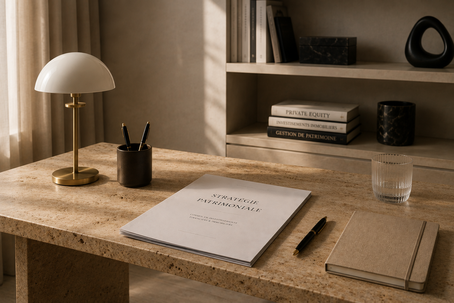 Bureau avec une lampe de bureau blanche et dorée, un stylo dans un pot noir, un cahier beige, une bouteille d'eau en verre et un rapport intitulé 'Stratégie Patrimoniale' sur une table en pierre, avec une étagère en arrière-plan contenant des livres et des objets décoratifs.