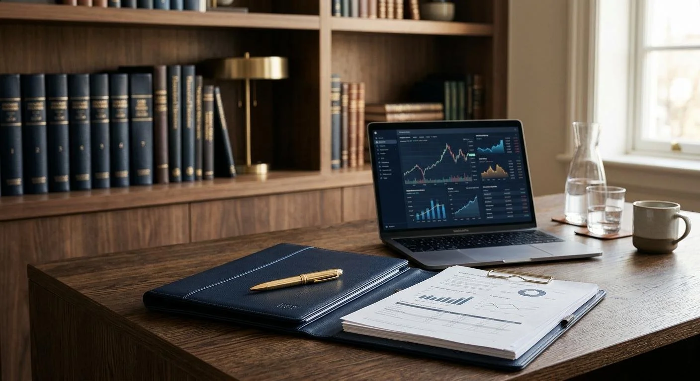 Un bureau en bois avec un ordinateur portable affichant des graphiques financiers, un classeur avec un stylo dessus, des papiers avec des graphiques, un verre d'eau, une carafe et une tasse, dans une pièce avec une bibliothèque en arrière-plan et une fenêtre laissant entrer de la lumière naturelle.