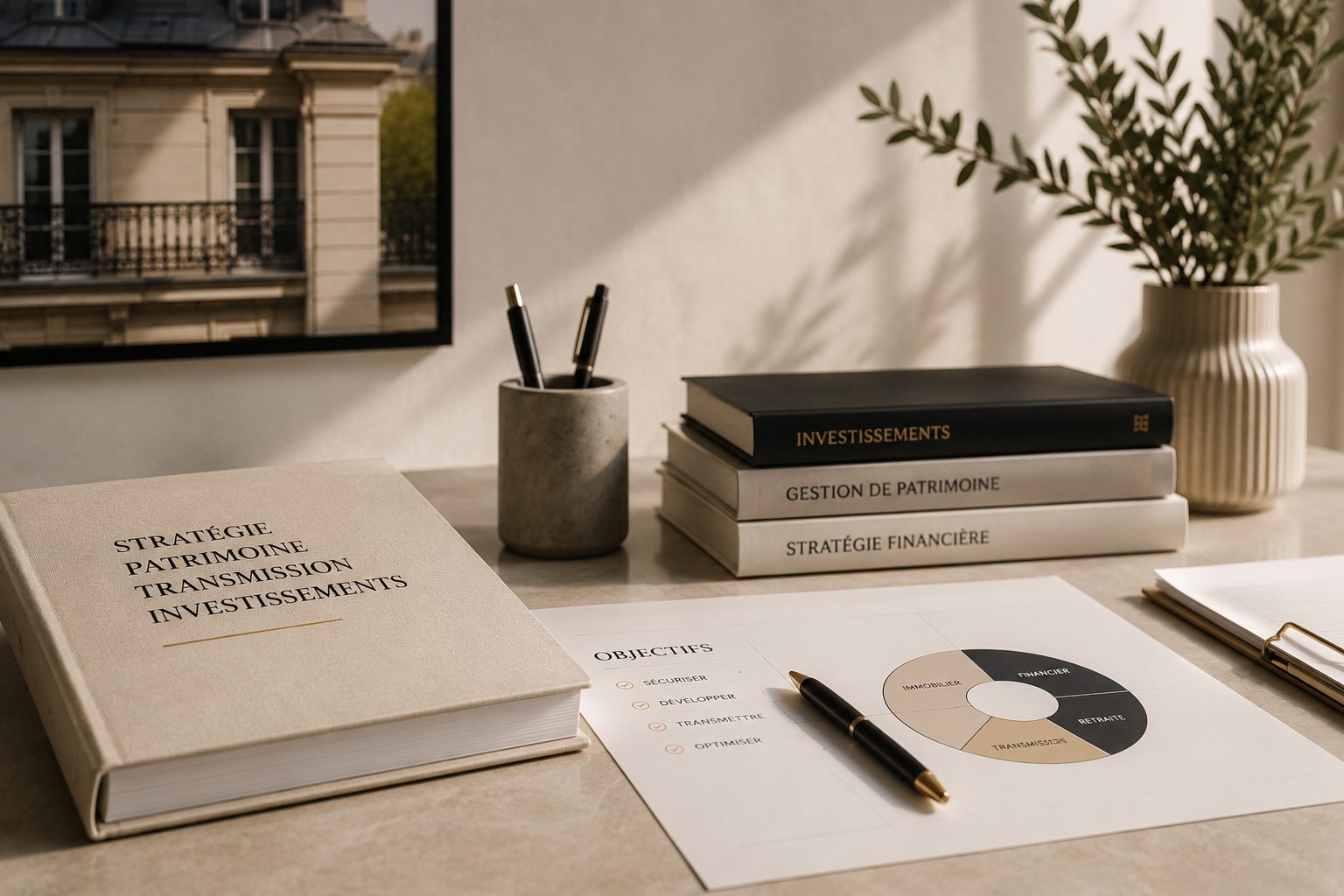 Une table de bureau avec des livres et des documents sur la gestion de patrimoine et les investissements, un stylo noir avec des détails dorés, et une plante verte en pot dans un vase blanc.