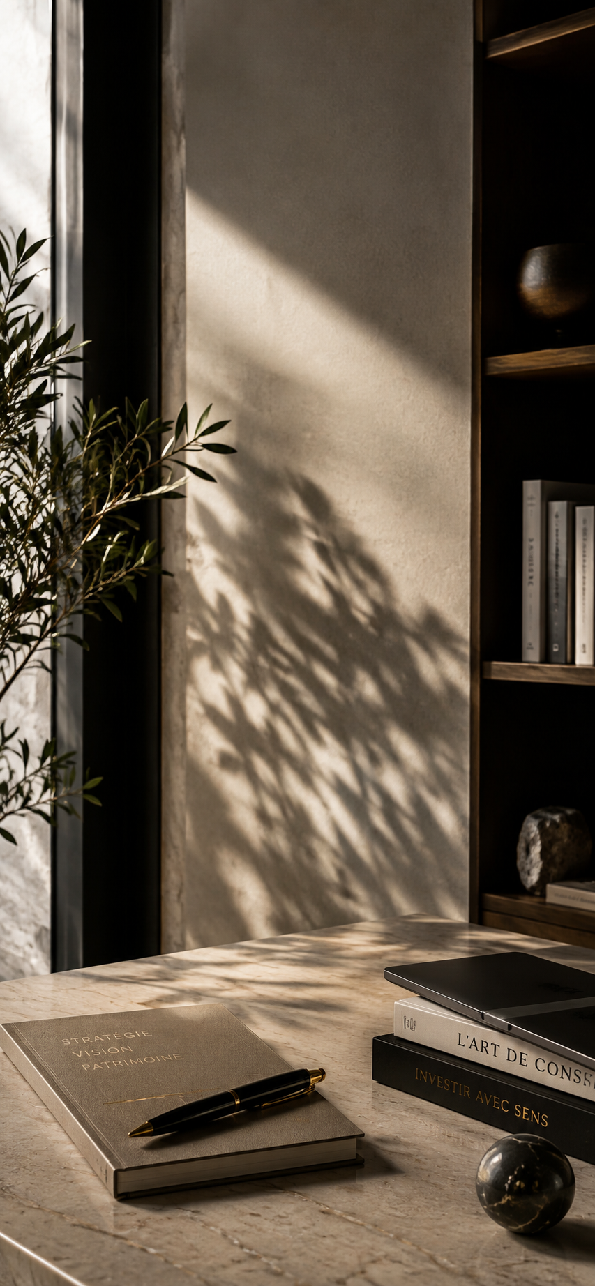 Un bureau avec un livre de stratégie, un stylo, un ordinateur portable, et plusieurs livres sur la finance et la philosophie, avec une lumière naturelle et des ombres sur la table en marbre.
