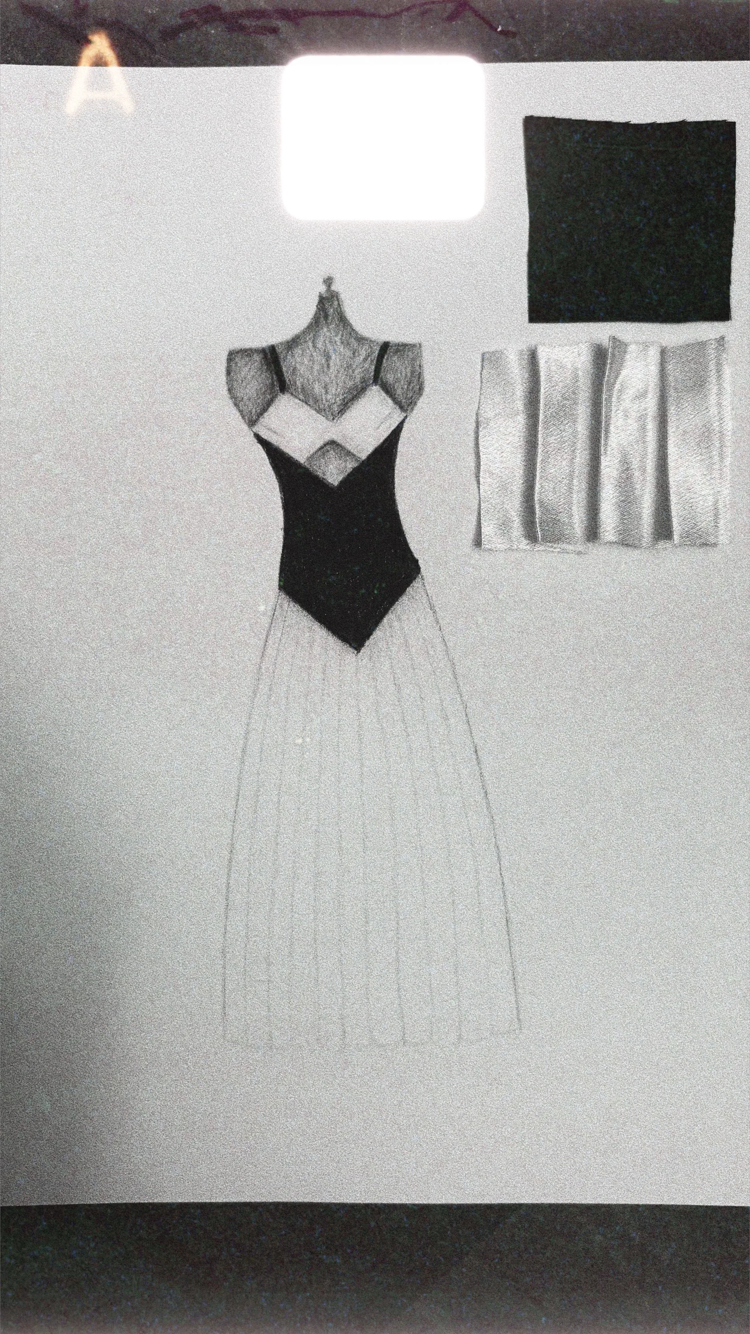 A detailed pencil sketch of a woman wearing lingerie, with a black dress and a sheer skirt, standing on a blank background. The sketch is framed with a white border, and there are black patches and white fabric drapes hanging on the right side of the image.