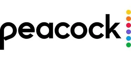 Peacock logo with black text and colorful dots on the right.