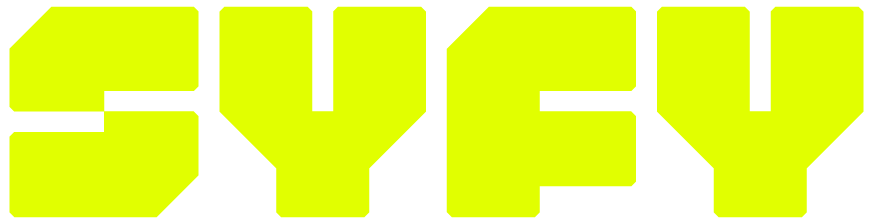 The word 'SYFY' in large, bold yellow letters with black shadows on a black background.