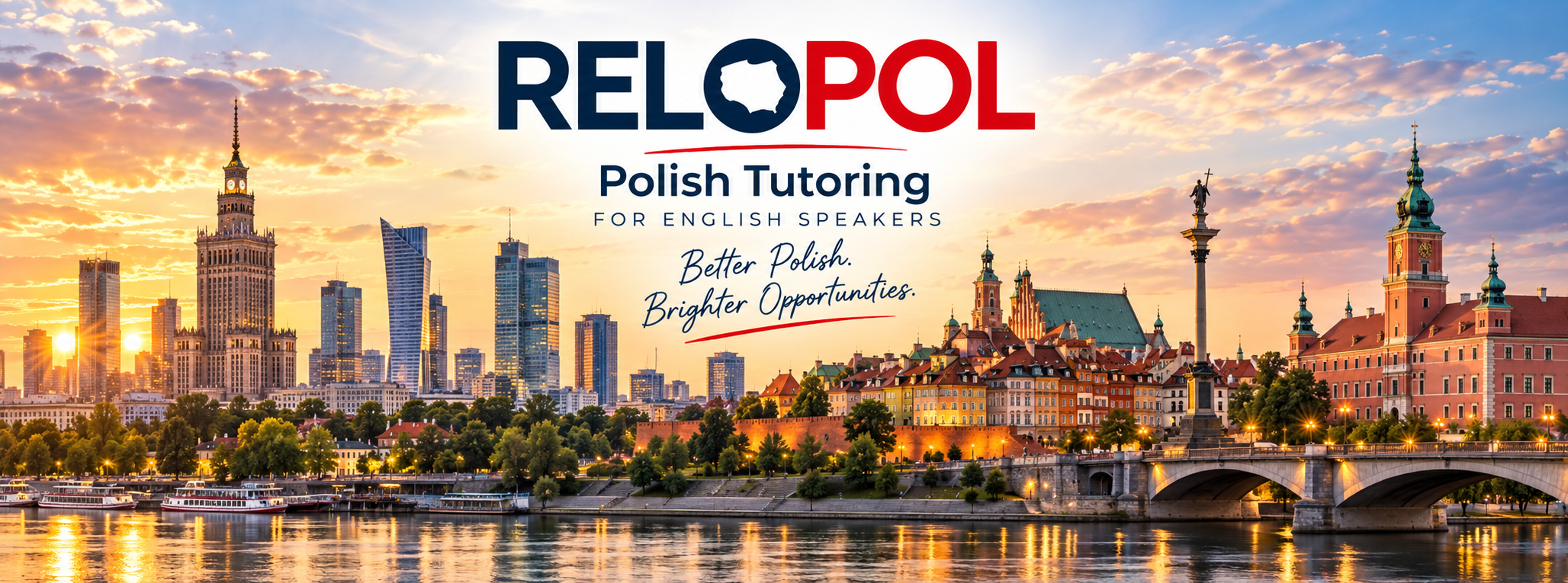 Sunset over the Warsaw skyline with skyscrapers and historic buildings, including the Royal Castle and Warsaw Cathedral, reflected in the water of the Vistula River. Text overlay promoting RELPOL Polish tutoring for English speakers.