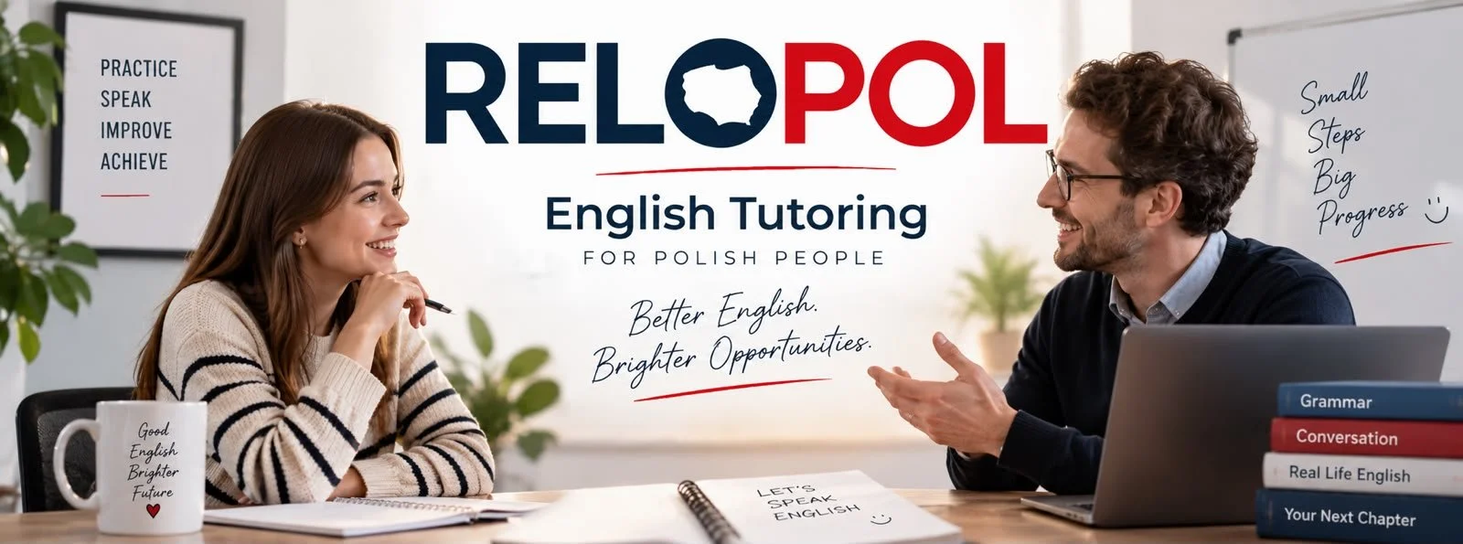Two people sitting at a desk and talking in front of a sign that reads "Relopol English Tutoring for Polish People," with smaller text saying "Better English. Brighter Opportunities." There are books, notebooks, a mug, and a whiteboard with handwritten notes behind them.
