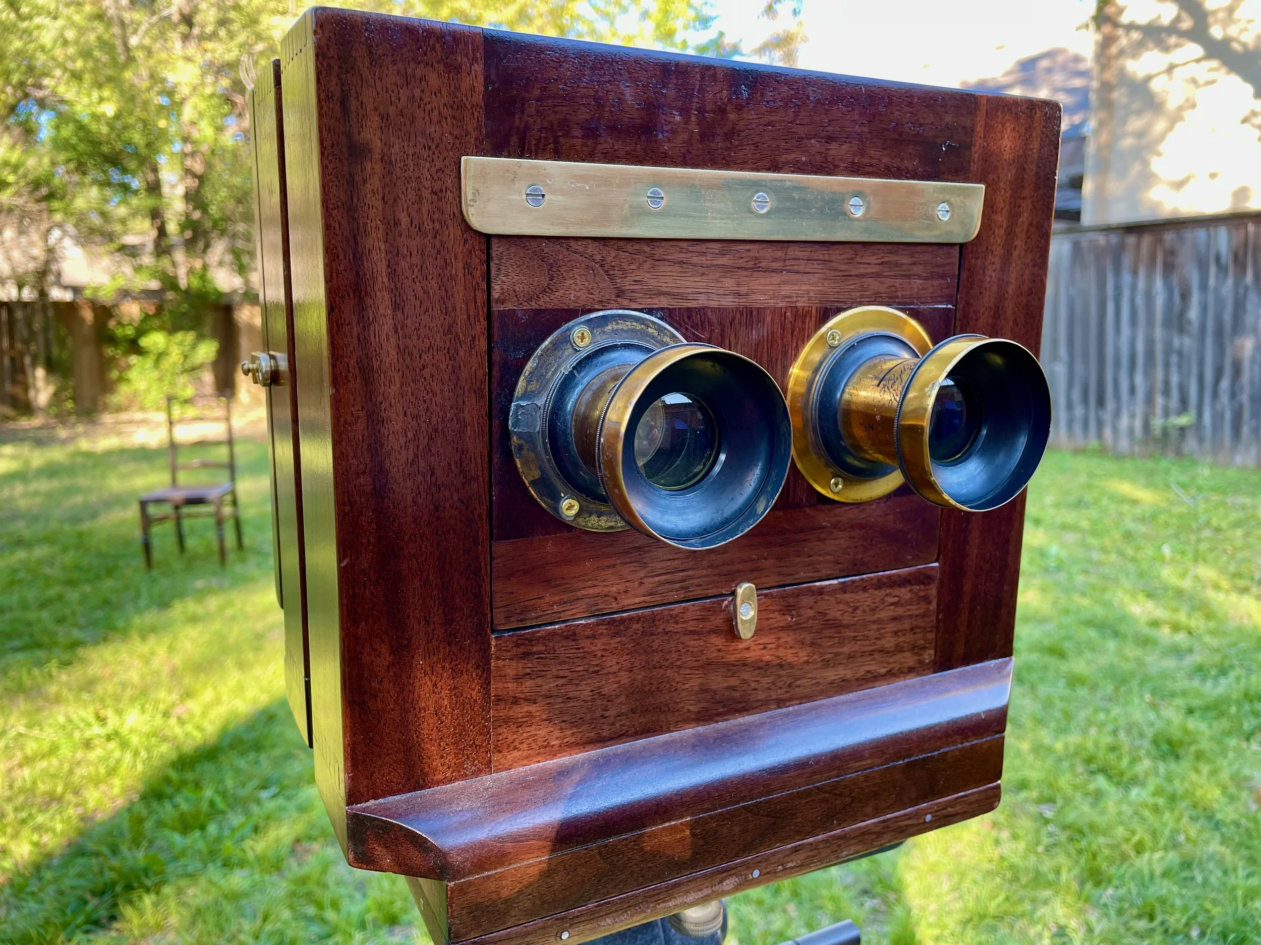 Camera and lens used for adjacent photo. The lens are a matched pair of Voigtlanders made in 1876.