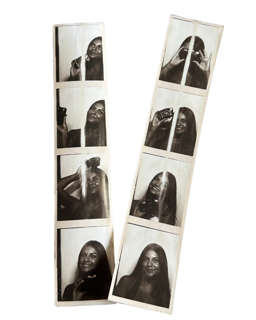 Photobooth strip featuring black and white images of a woman holding various cameras and making different expressions.