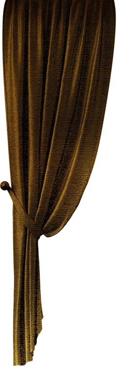 A dark-colored curtain with vertical folds, tied back on one side.
