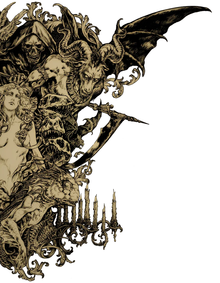 Dark fantasy illustration featuring a female figure with long curly hair, surrounded by skulls, demonic creatures, a horned goat, a winged bat, and a candelabrum with lit candles, all in a monochromatic, intricate art style.