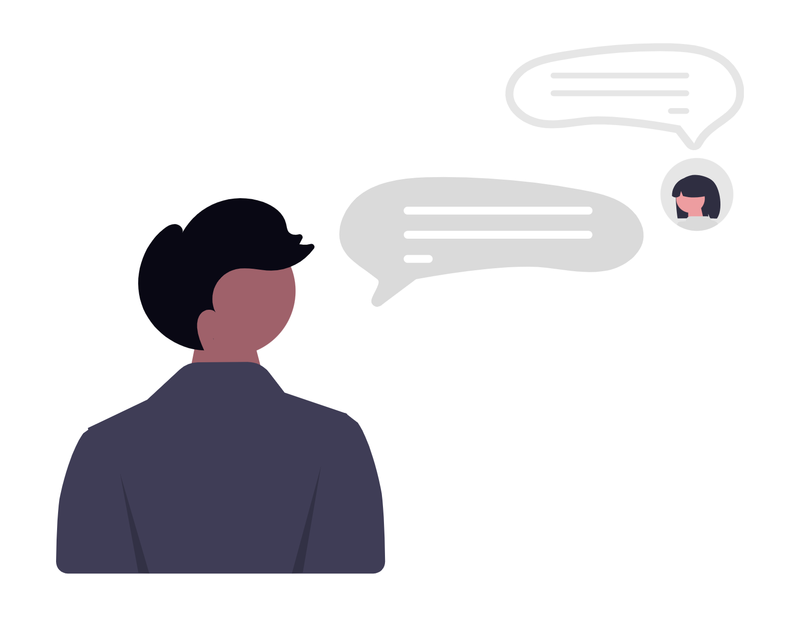 A person with dark hair viewed from behind, wearing a dark jacket, engaged in a conversation with a woman whose avatar is displayed in a speech bubble, suggesting an online chat or messaging interaction.
